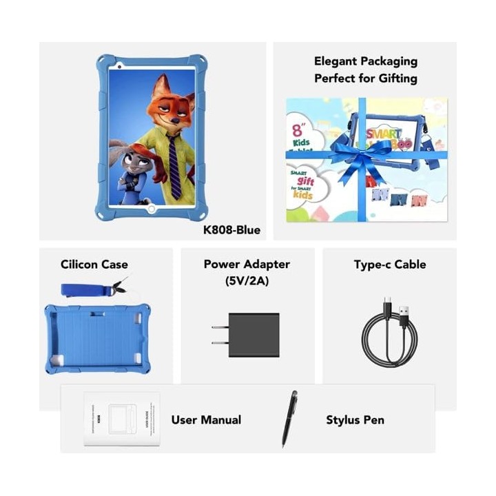 Tablette enfant 8 pouces Android 13 - Étui antichoc, 16Go RAM, 128Go, bleu