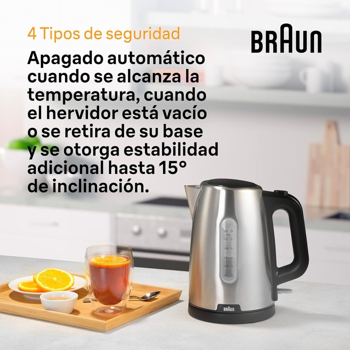 Bouilloire électrique 1,7L Braun - Acier inoxydable, arrêt automatique, base 360°