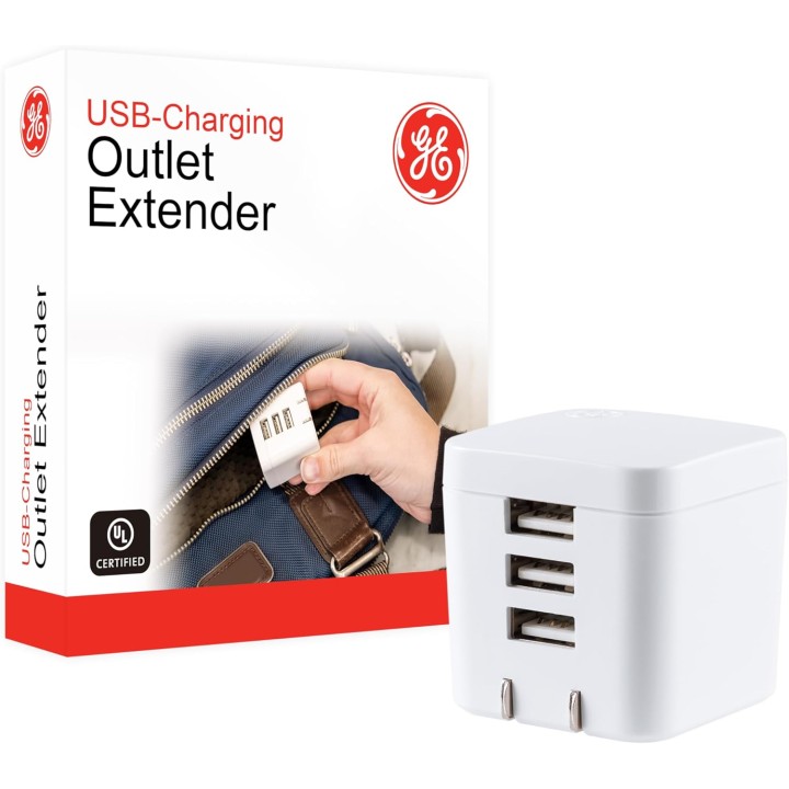 Chargeur mural USB 3 ports GE - UltraCharge 17W, prise pliante, compatible iPhone, blanc