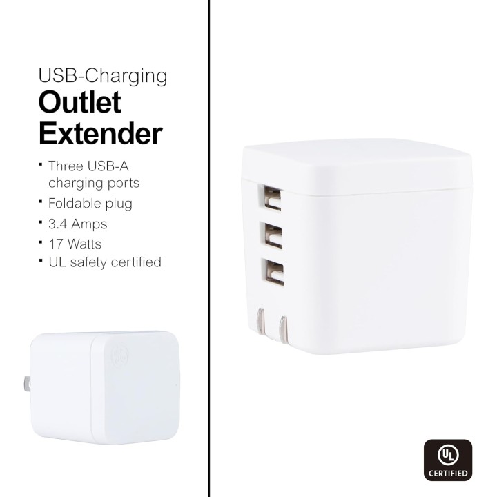 Chargeur mural USB 3 ports GE - UltraCharge 17W, prise pliante, compatible iPhone, blanc