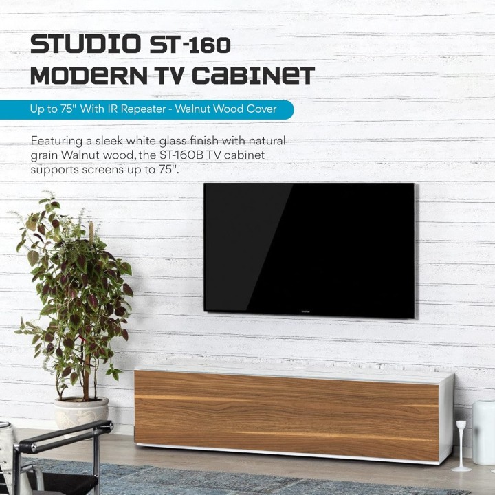 Meuble TV design moderne SONOROUS ST-160 - Noyer et blanc laqué - 75 pouces - portes push