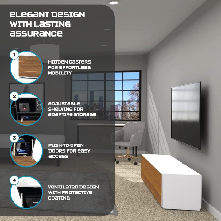 Meuble TV design moderne SONOROUS ST-160 - Noyer et blanc laqué - 75 pouces - portes push