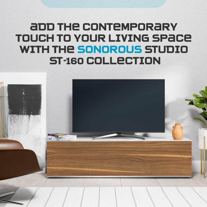 Meuble TV design moderne SONOROUS ST-160 - Noyer et blanc laqué - 75 pouces - portes push