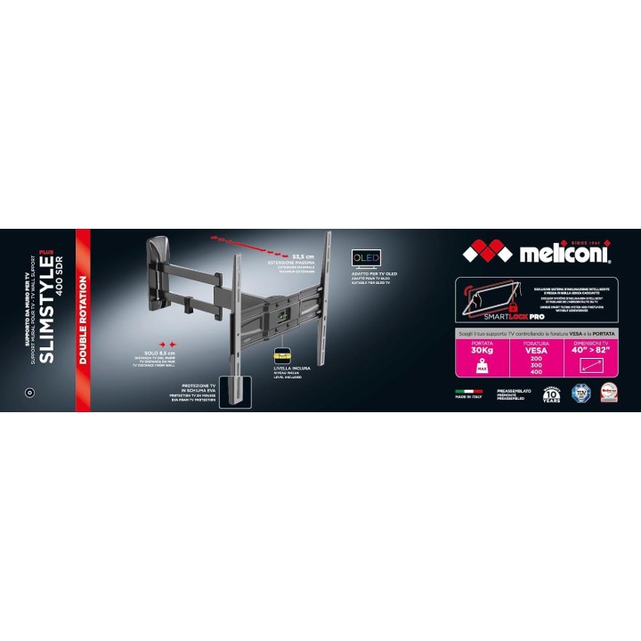 Support mural TV double bras articulé 40''-82'' - Métal noir - Meliconi