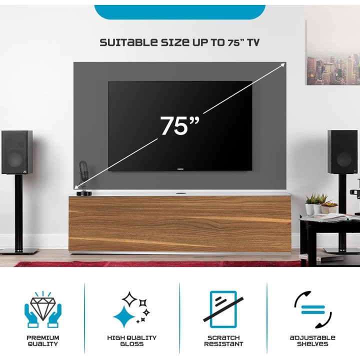 Meuble TV design moderne SONOROUS ST-160 - Noyer et blanc laqué - 75 pouces - portes push