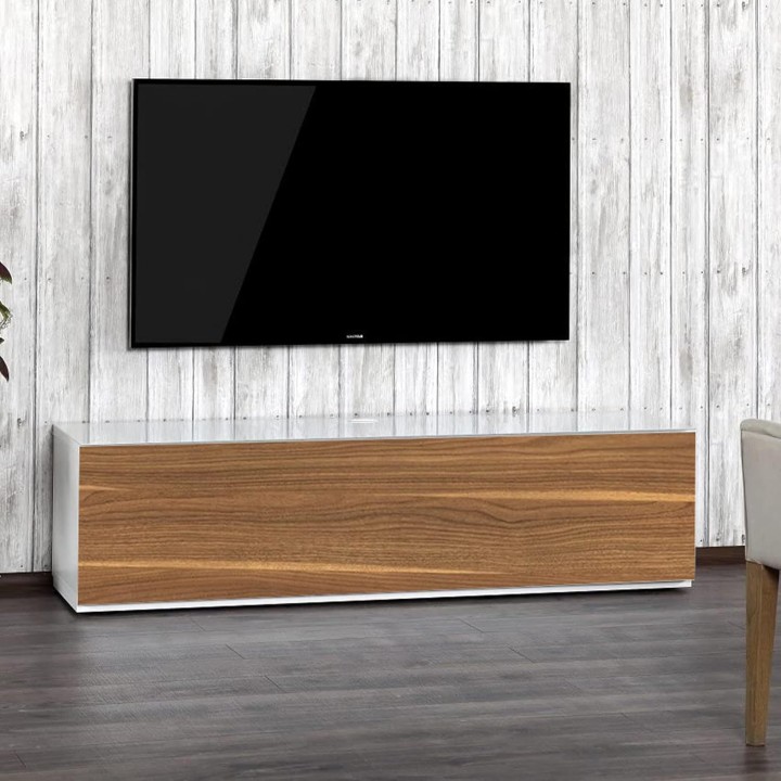 Meuble TV design moderne SONOROUS ST-160 - Noyer et blanc laqué - 75 pouces - portes push