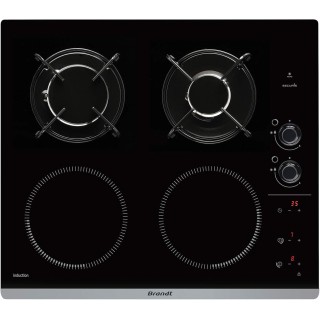 Table de cuisson mixte induction/gaz 4 zones Brandt verre noir 51x58 cm