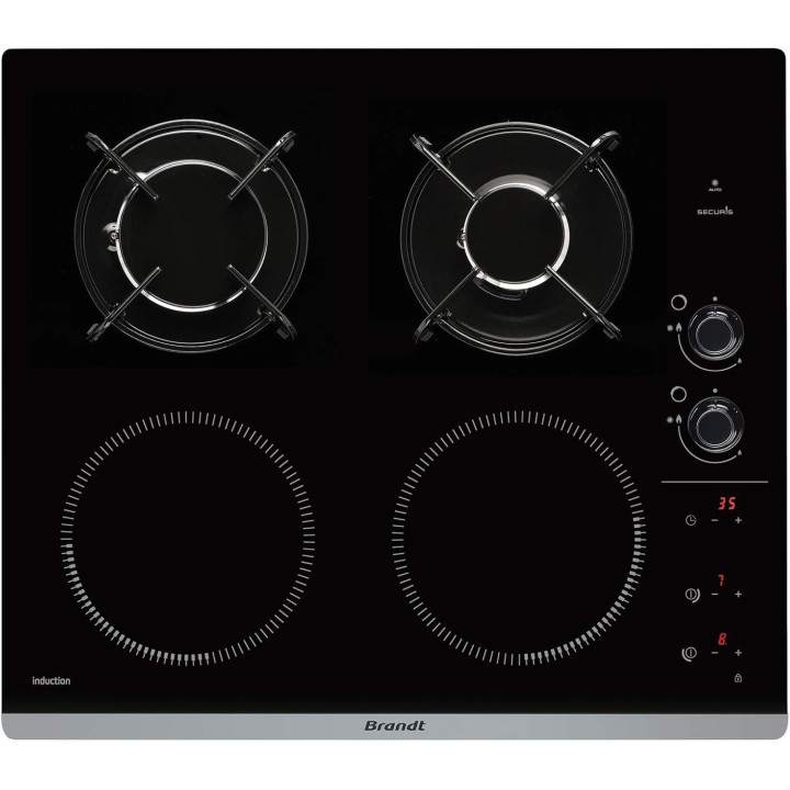 Table de cuisson mixte induction/gaz 4 zones Brandt verre noir 51x58 cm