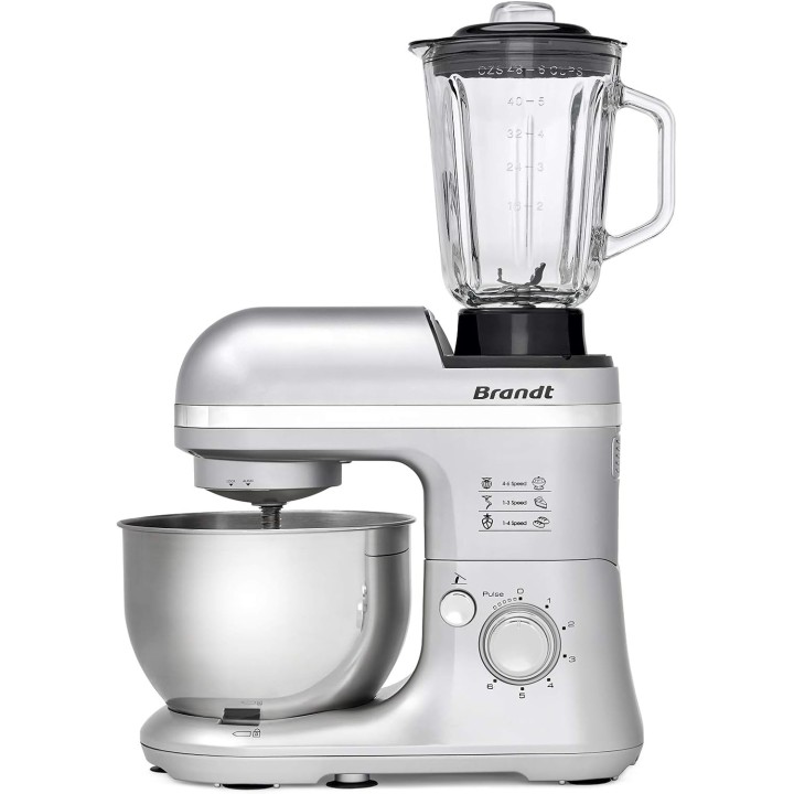 Robot pâtissier multifonction 4L 650W Brandt - 4 en 1 avec accessoires - Gris