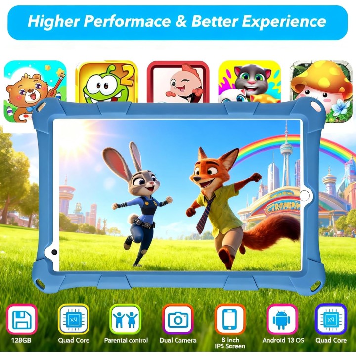 Tablette enfant 8 pouces Android 13 - Étui antichoc, 16Go RAM, 128Go, bleu