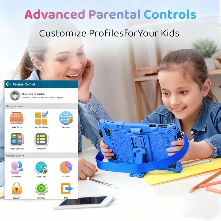 Tablette enfant 8 pouces Android 13 - Étui antichoc, 16Go RAM, 128Go, bleu