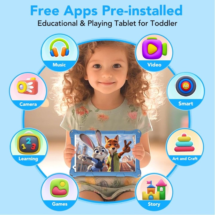 Tablette enfant 8 pouces Android 13 - Étui antichoc, 16Go RAM, 128Go, bleu