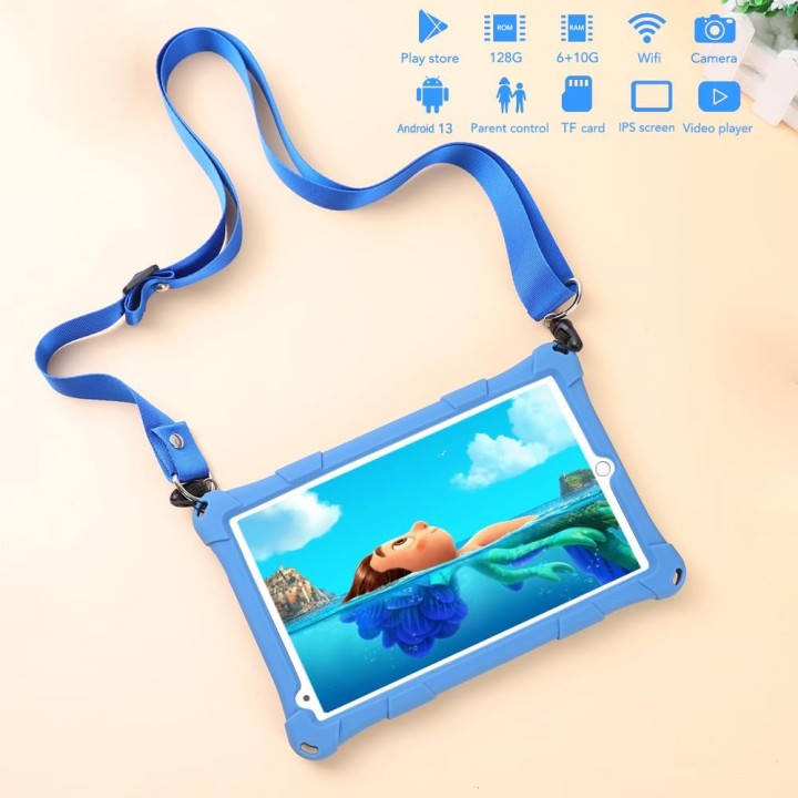 Tablette enfant 8 pouces Android 13 - Étui antichoc, 16Go RAM, 128Go, bleu