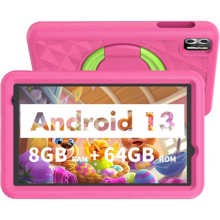 Tablette enfant 8 pouces Android 13 - 64 Go - Coque antichoc rose
