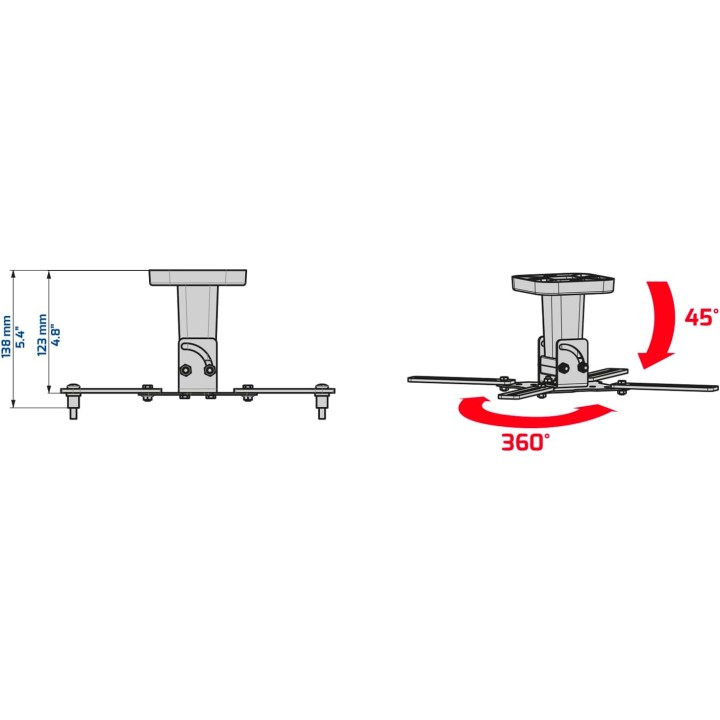 Support plafond vidéoprojecteur 15 kg - Rotation 360° - Inclinaison 45° - Blanc Meliconi
