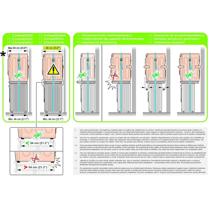 Kit de superposition lave-linge sèche-linge avec tablette coulissante et sécurité - Blanc