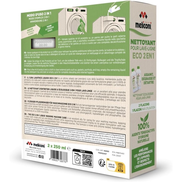 Nettoyant lave-linge 2-en-1 désinfectant anticalcaire écologique - 2x250ml Meliconi