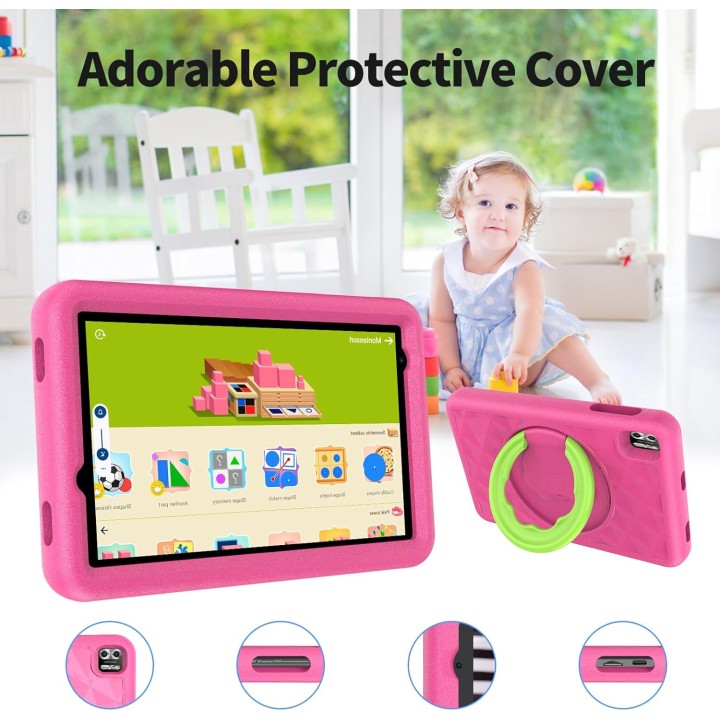 Tablette enfant 8 pouces Android 13 - 64 Go - Coque antichoc rose