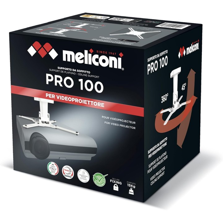 Support plafond vidéoprojecteur 15 kg - Rotation 360° - Inclinaison 45° - Blanc Meliconi