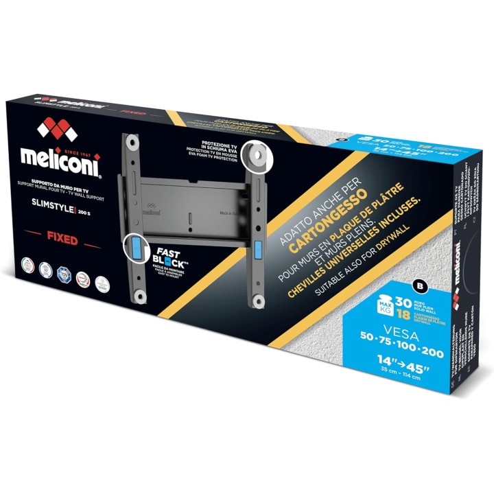 Support mural TV fixe Meliconi Slimstyle Plus 200S - 26 à 45'' VESA, 30kg, sécurité Fast Block