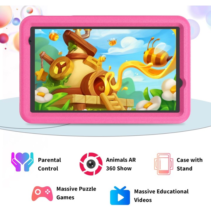 Tablette enfant 8 pouces Android 13 - 64 Go - Coque antichoc rose