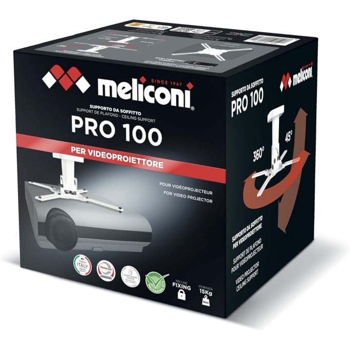 Support plafond vidéoprojecteur 15 kg - Rotation 360° - Inclinaison 45° - Blanc Meliconi