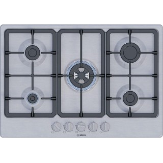 Plaque de cuisson gaz Bosch 5 feux - Brûleur wok, grilles fonte, inox 75 cm