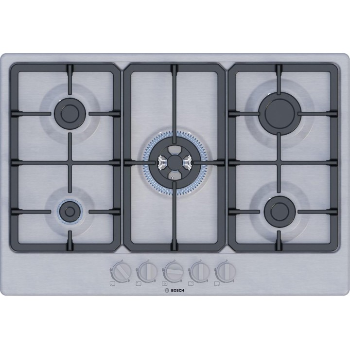 Plaque de cuisson gaz Bosch 5 feux - Brûleur wok, grilles fonte, inox 75 cm