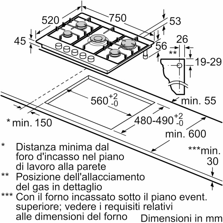 Plaque de cuisson gaz Bosch 5 feux - Brûleur wok, grilles fonte, inox 75 cm