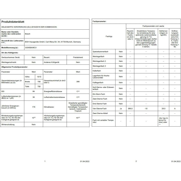 Congélateur armoire XXL NoFrost Bosch 365L - Porte inox - 191x70cm - Blanc