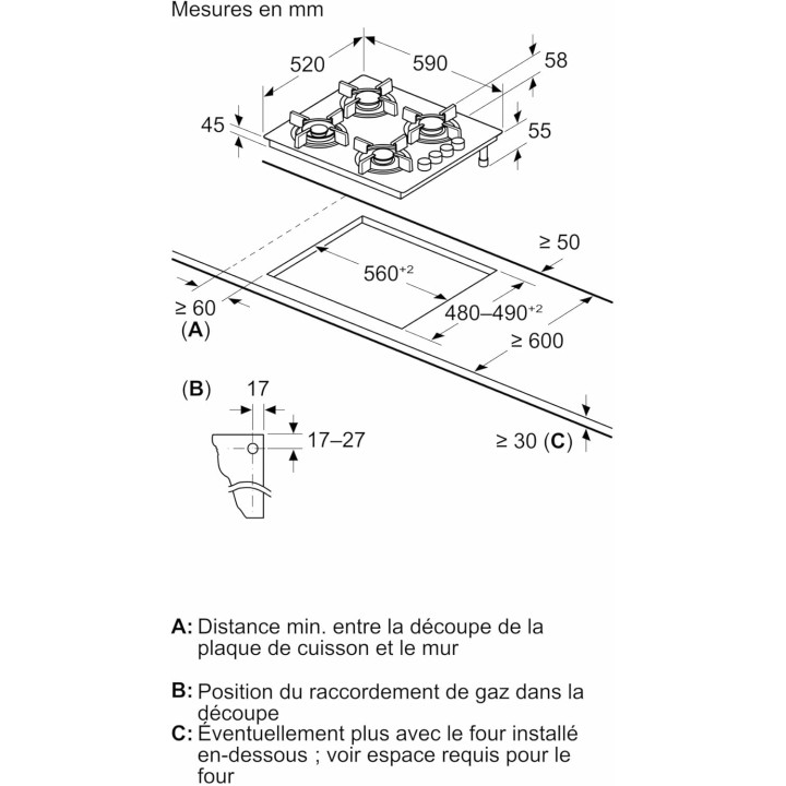 Plaque de cuisson gaz Bosch 4 feux - Verre trempé noir - Série 2 - 60 cm