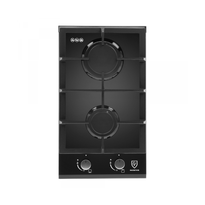 Domino gaz 2 feux verre trempé noir – Supports fonte – Sécurité gaz – CARINO