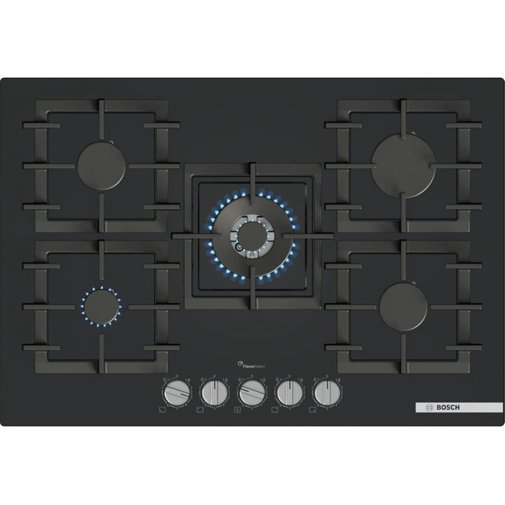 Plaque de cuisson gaz 5 feux Bosch Série 6 - Verre trempé noir 80 cm