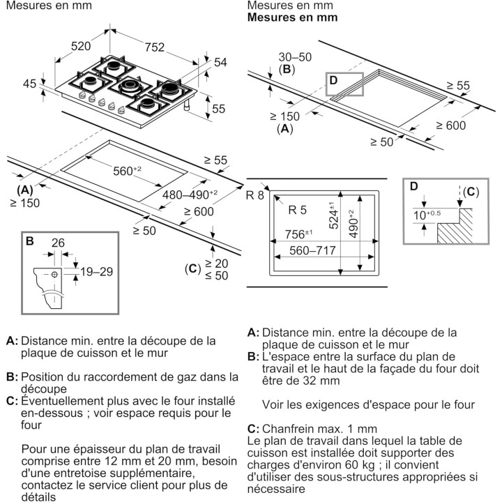 Plaque de cuisson gaz 5 feux Bosch Série 6 - Verre trempé noir 80 cm