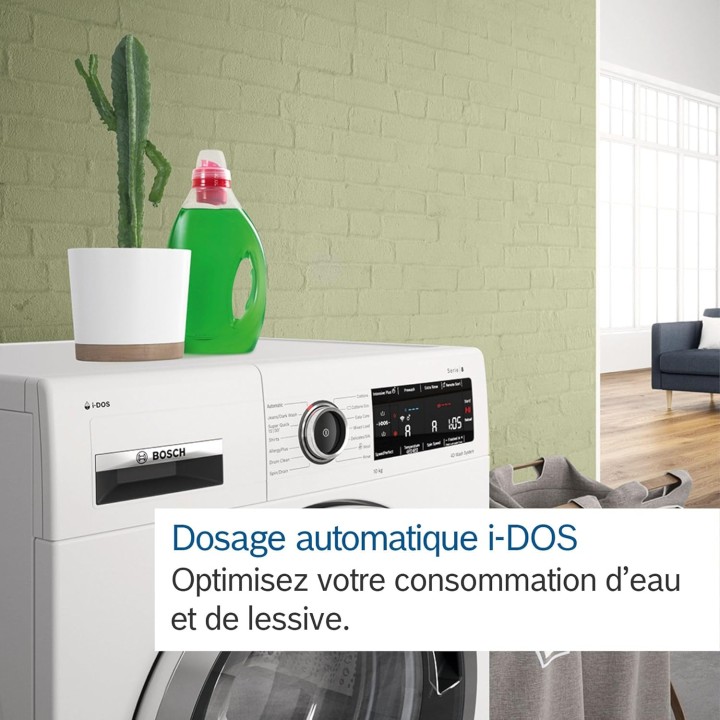 Lave-linge frontal Bosch Série 6 - 9 kg, 1400 trs/min, i-DOS, pose-libre, blanc