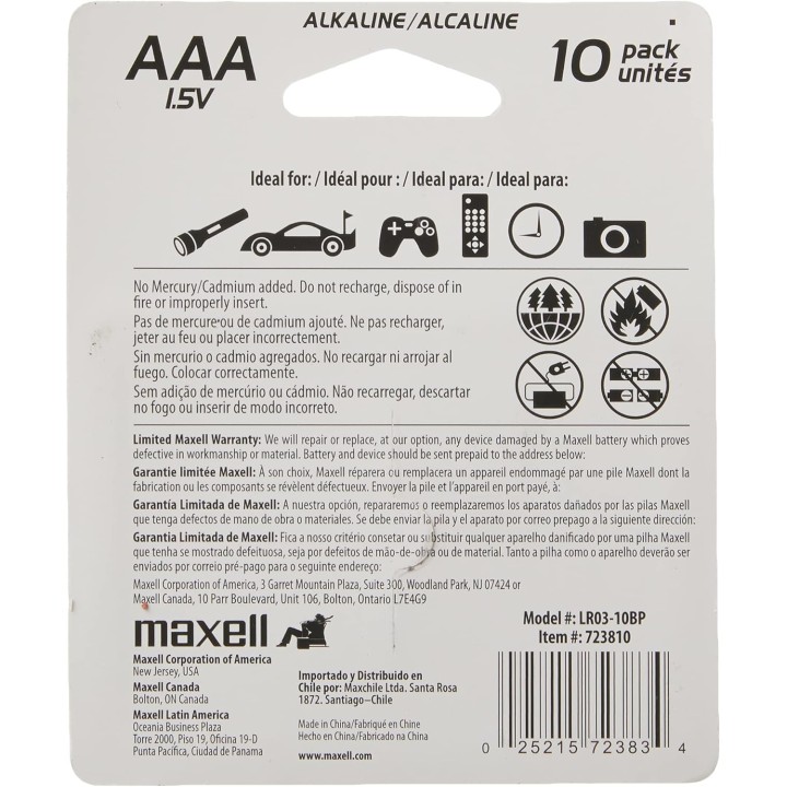Piles AAA alcalines Maxell x10 – Format standard 1,5V usage quotidien