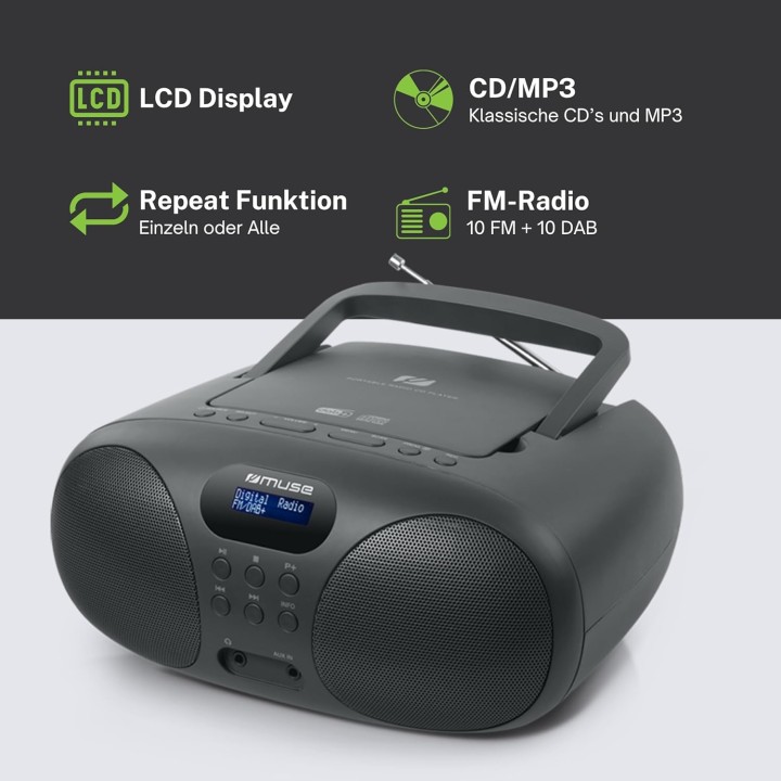 Radio portable Muse DAB+ FM - Haut-parleur intégré, écran, alimentation sur piles - Noir