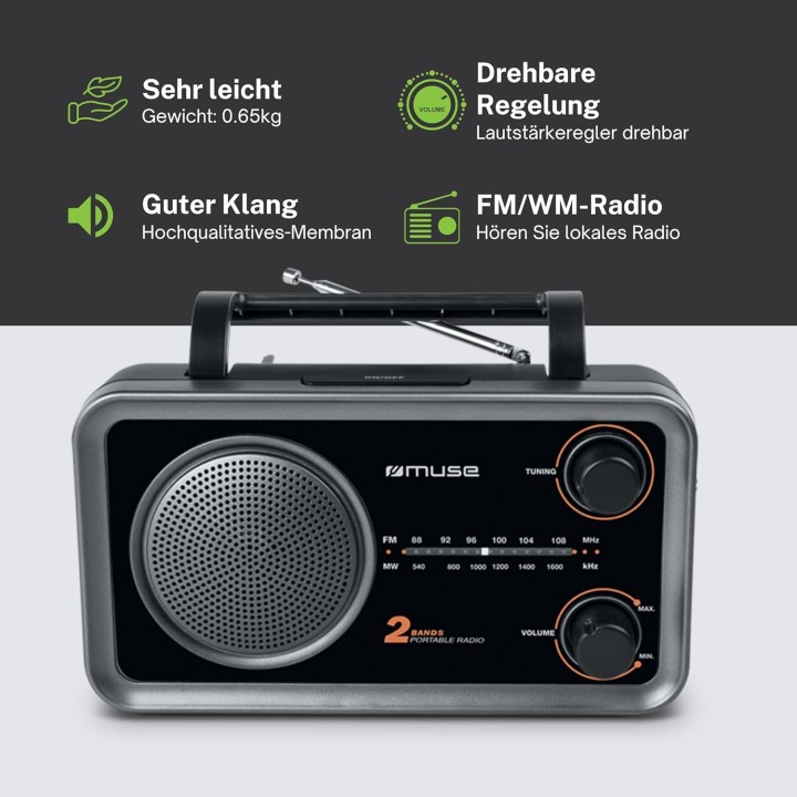 Radio portable Muse AM/FM – Prise casque, entrée AUX, format compact noir