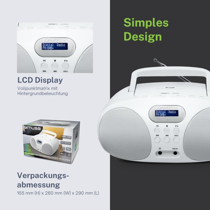 Radio analogique portable Muse blanc - AM/FM, antenne télescopique, haut-parleur intégré