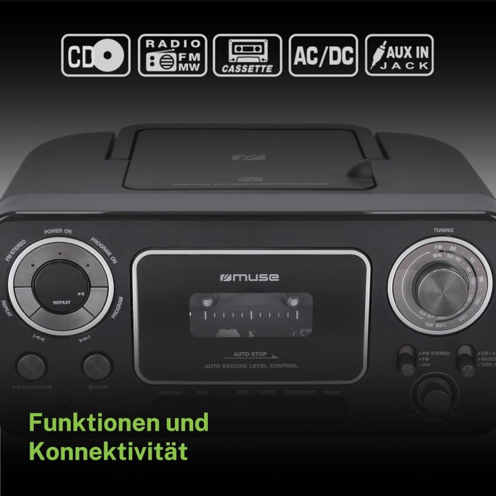 Radio CD cassette portable Muse - Lecteur/enregistreur, FM, entrée auxiliaire, noir