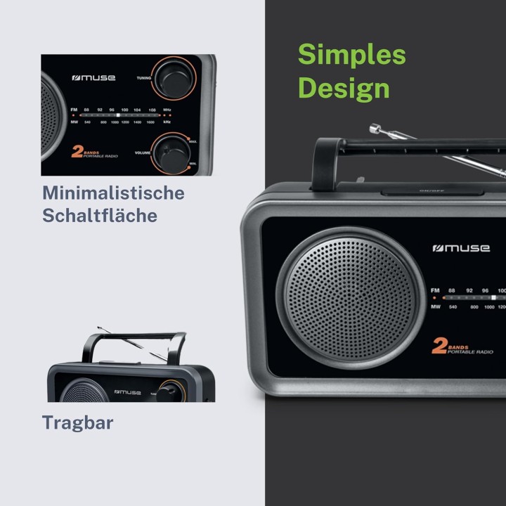 Radio portable Muse AM/FM – Prise casque, entrée AUX, format compact noir