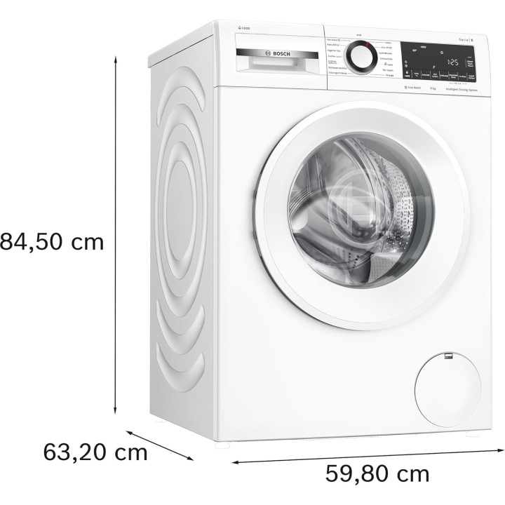 Lave-linge frontal Bosch Série 6 - 9 kg, 1400 trs/min, i-DOS, pose-libre, blanc