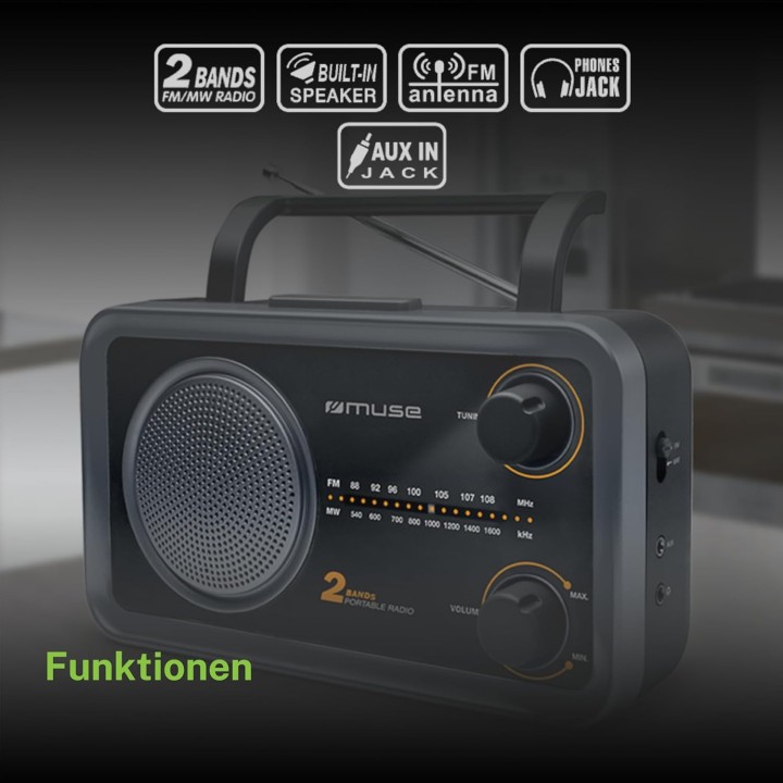 Radio portable Muse AM/FM – Prise casque, entrée AUX, format compact noir
