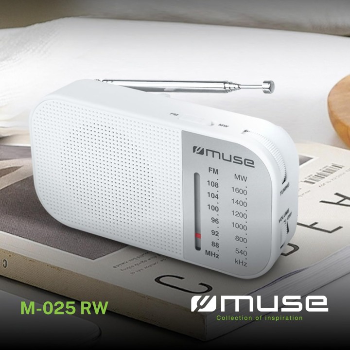 Radio analogique portable Muse blanc - AM/FM, antenne télescopique, haut-parleur intégré