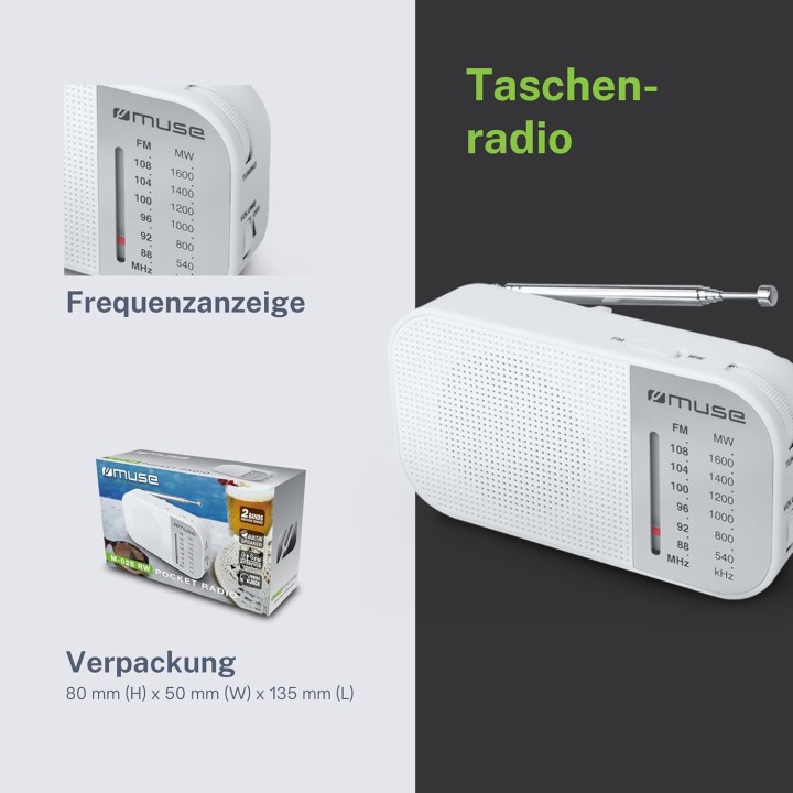 Radio analogique portable Muse blanc - AM/FM, antenne télescopique, haut-parleur intégré