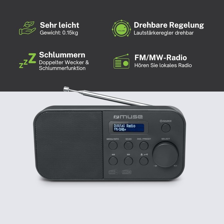Radio portable Muse DAB+ FM - Haut-parleur intégré, écran, alimentation sur piles - Noir