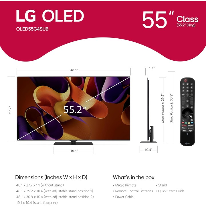 TV OLED 55 pouces LG G4 - 4K AI, Dolby Vision, Dolby Atmos, design mural plat
