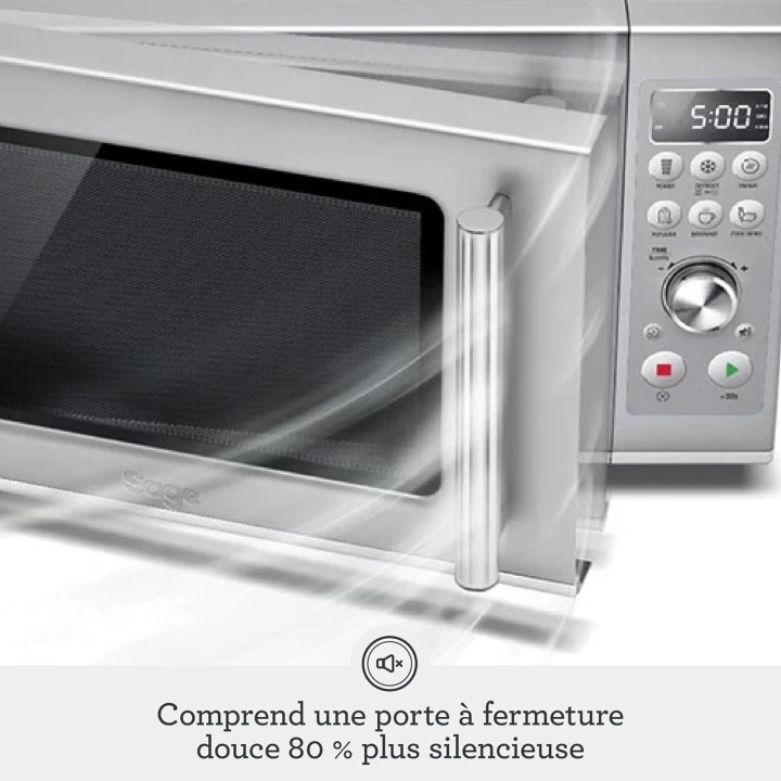 Micro-ondes compact Sage Soft Close 25L - Fonctionnement silencieux, sécurité enfant, argent