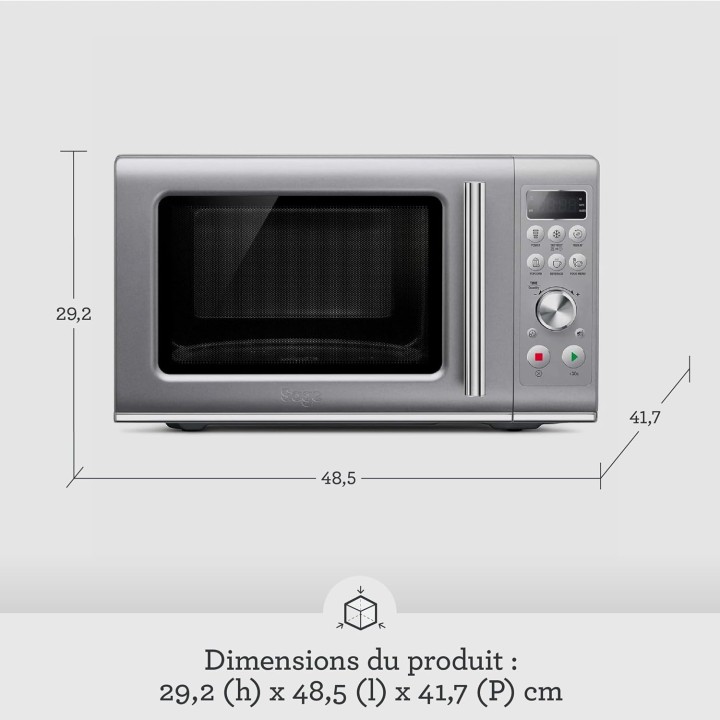 Micro-ondes compact Sage Soft Close 25L - Fonctionnement silencieux, sécurité enfant, argent