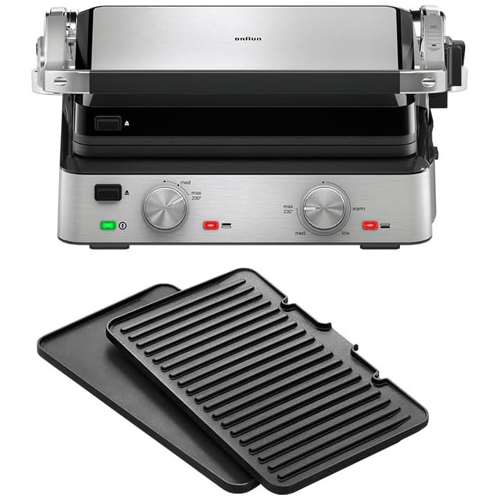 Gril de contact électrique Braun CG7020 - 3 plaques, inox, 2000W, grande capacité